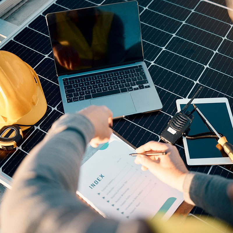 Engineer, laptop and man with clipboard, planning and update sys
